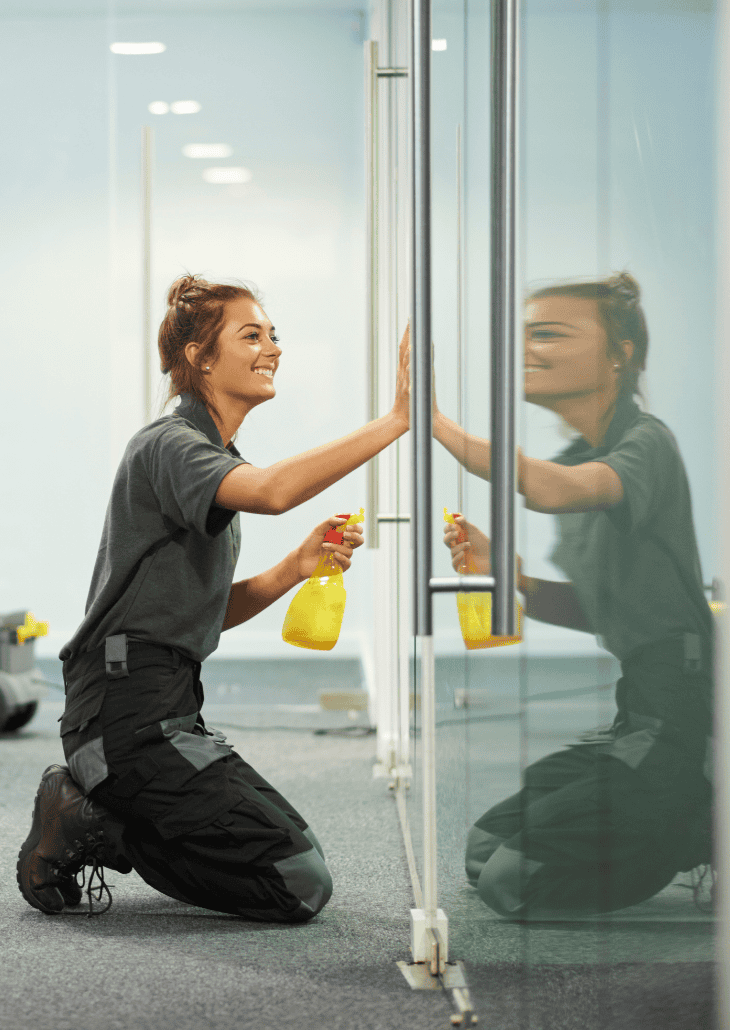Reinigungskraft bei der Bauendreinigung eines neu errichteten Büros in Graz
